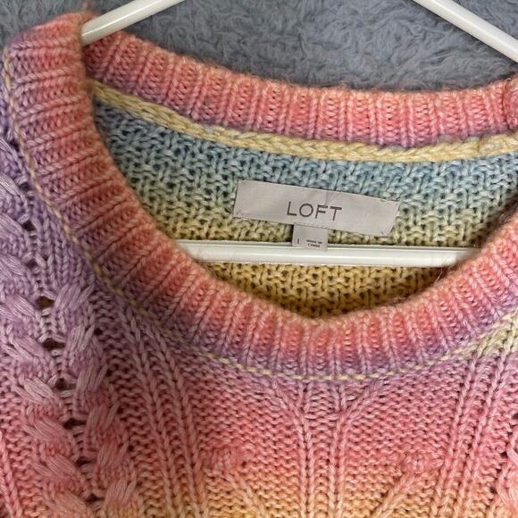 Loft Ann Taylor rainbow cable knit sweater ruffle shoulder winter colorful L - Picture 4 of 7